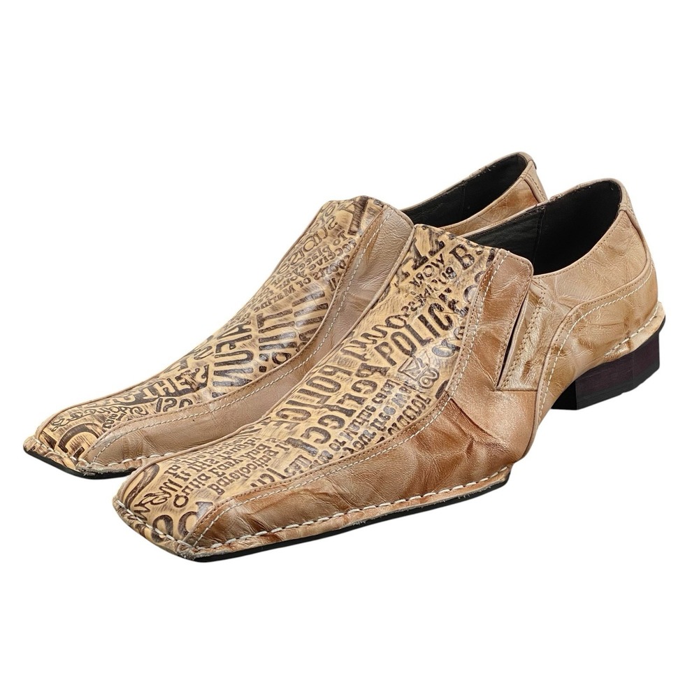 ZOTA Brown Leather Newspaper Print Square Toe Loafers Shoes Men's Size 12